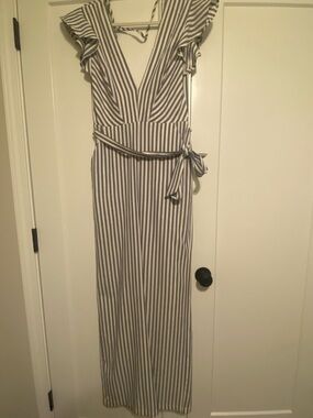 Striped V-Neck Jumpsuit with Tie Waist - Blue/White
